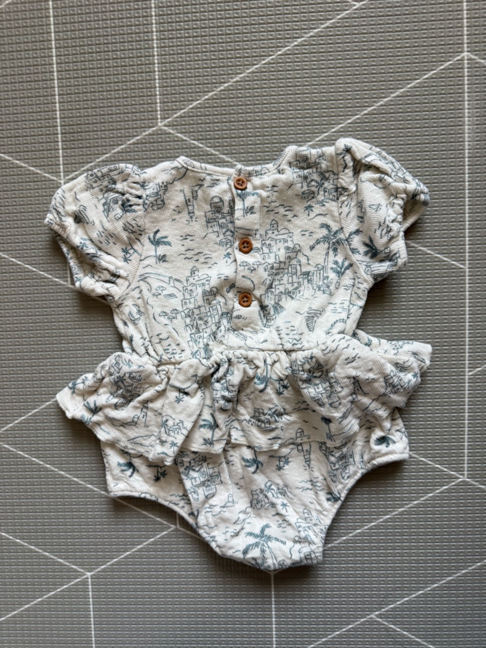 Modern Moments|Baby Girl White & Blue Novelty Printed Ruffle Romper,back buttons